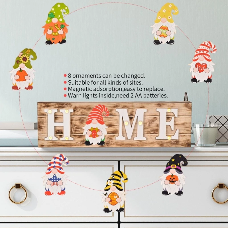 

Interchangeable Home Sign for front Door with 8 Gnome Icons LED Light Wooden Door Hangers Farmhouse Front Porch Decor