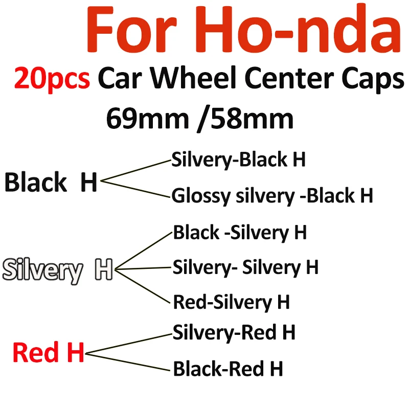 

Dust-proof 20PCS Car Logo 69mm Wheel Center Cap Covers Red/Silver/Black H Emblem For CRV Civic Accord CITY Fit Pilot Crossroad