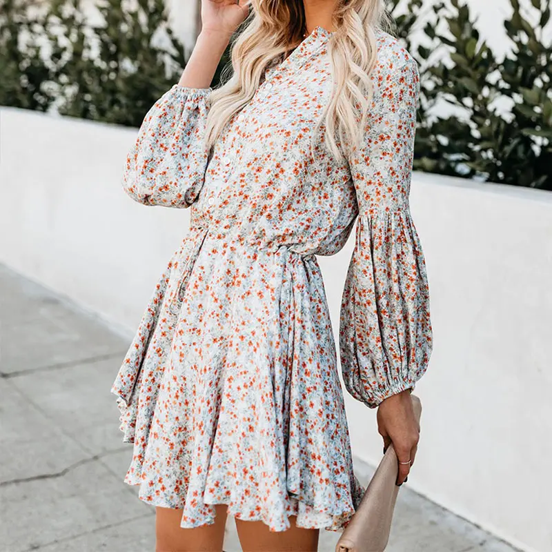 Женское мини-платье с цветочным принтом рукав-фонарик высокая талия на шнуровке