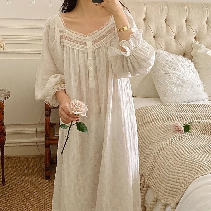 

Japanese Room Wear Lace Dress White Women Royal Retro Sleepwear Nightgowns Summer Autumn Nighty for Ladies Night Wear