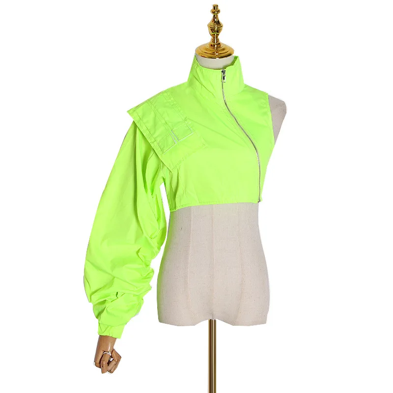 

Street hipster new fashion temperament stand collar sexy shoulder sleeve short zipper coat