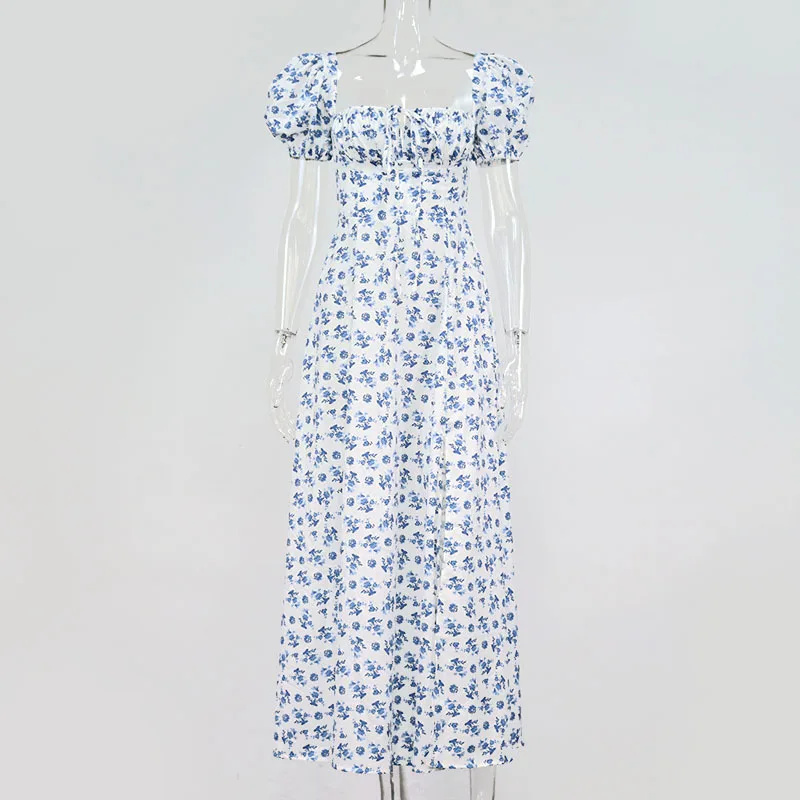 Imprimé Floral Maxi Femmes Robe Bouffée Manches Courtes Élégant Col Carré Décontracté Doux Eté Club Sexy Haut Fendu Robes De Soirée