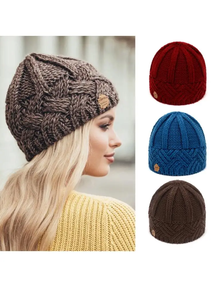 

Women Chunky Crochet Knit Rhombus Beanie Hat Solid Color Skull Cap Ear Warmer Y1QD