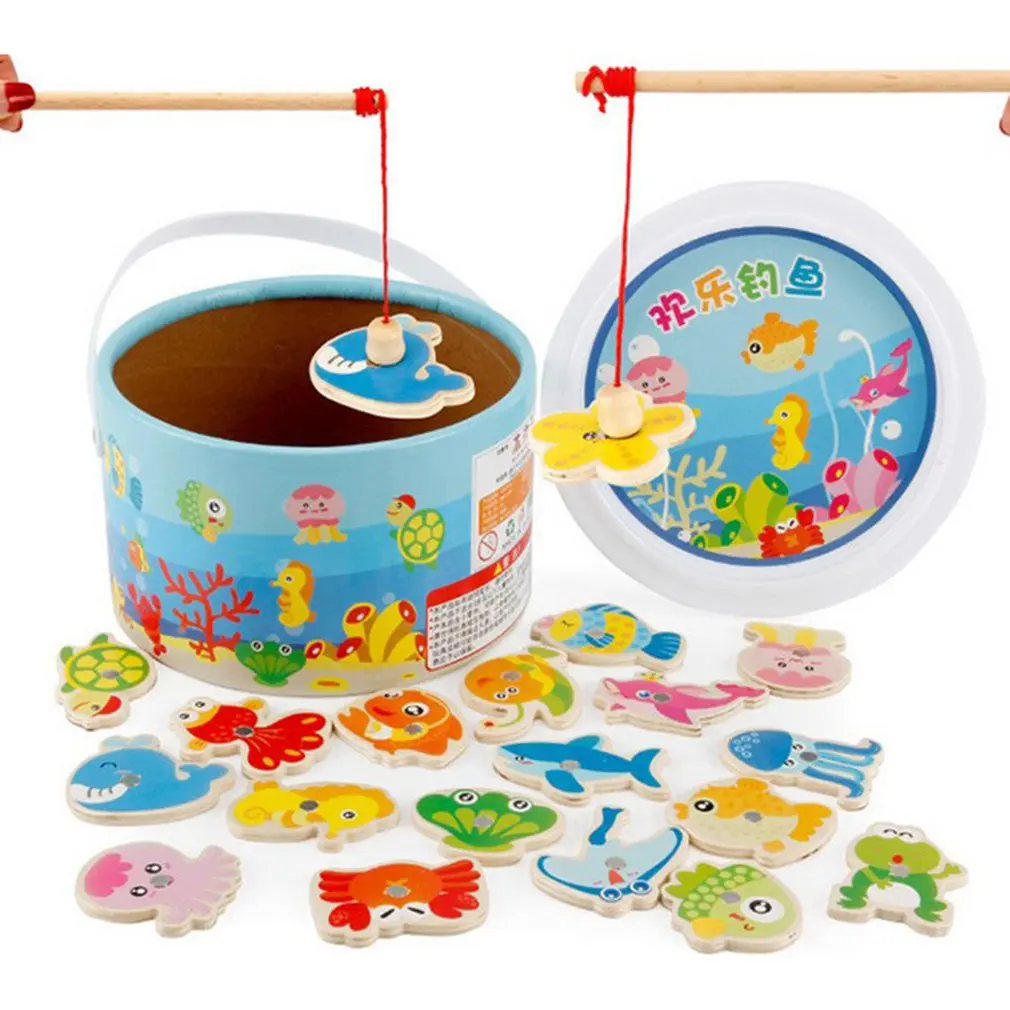 

Barreled Wooden Magnetic Fishing Toys set Baby Bath Toy Learning Education Play Set Fishing Game Kids Indoor Outdoor Fishing Toy