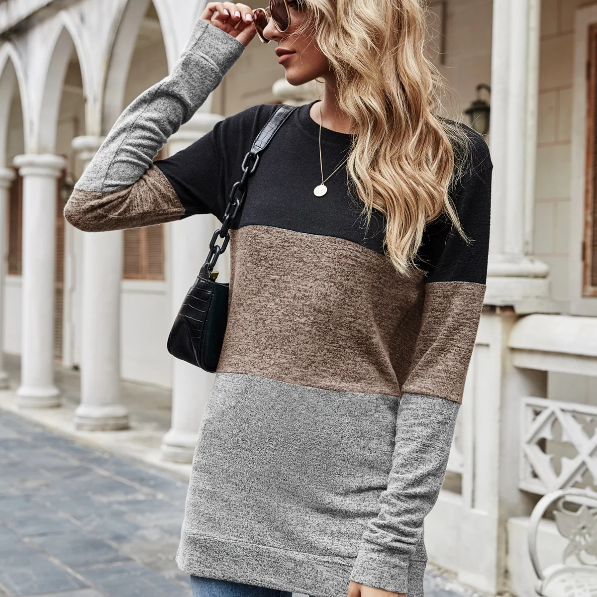 

Fashion Women's T-shirt Autumn Casual Hot Sale Round Neck Pullover Stitching Contrast Color Loose Long Knitted T-shirt Donsignet