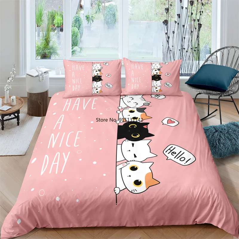 

Cartoon Pink Background Cat Digital Print Home Textile 3D Comfortable Cover Pillowcase Children Bedroom Decorative Bedding Set