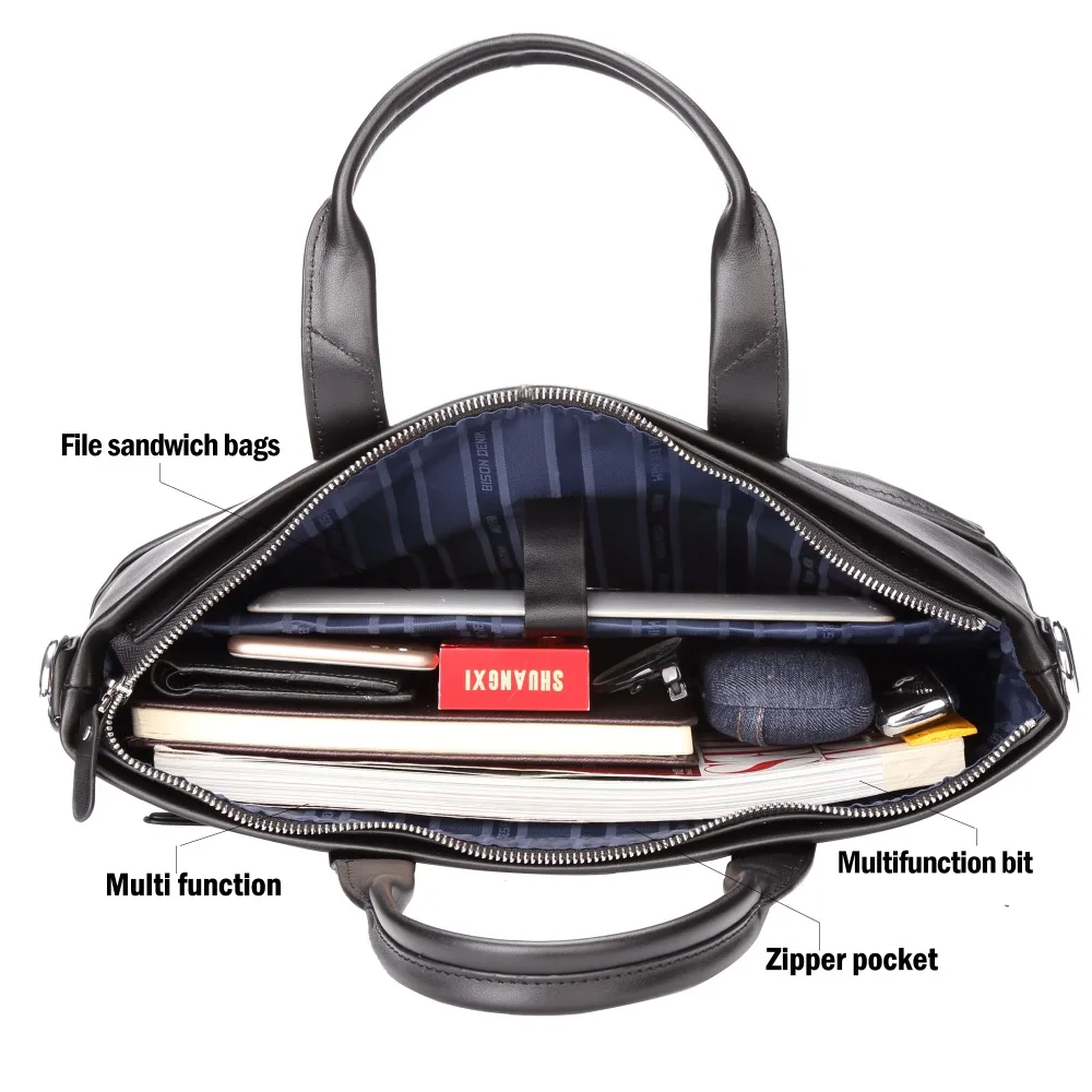Bison Denim Black Business Casual Genuine leather Men Business Briefcases Travel Laptop Handbag For Men Messenger Shoulder Bags