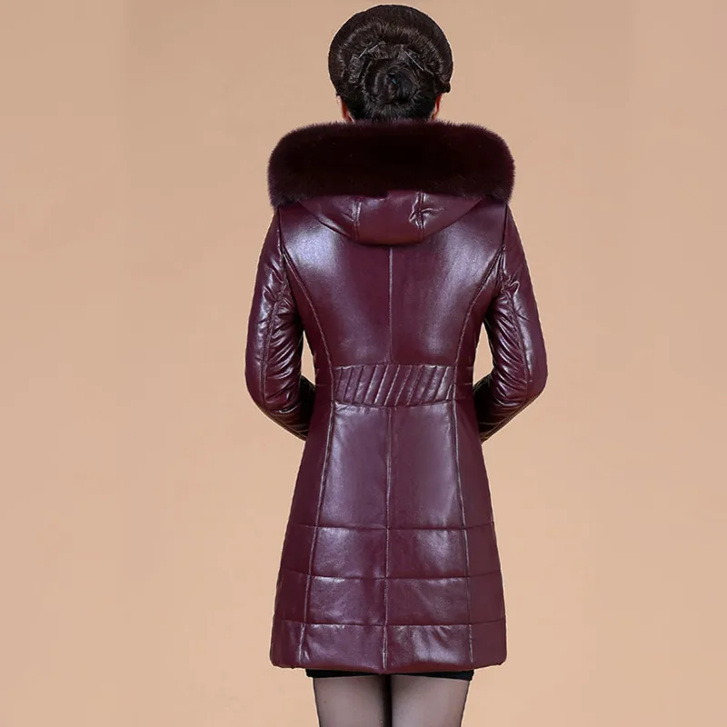 L-8XL Women Long Leather Coat Winter 2023 Mother Sheepskin Outerwear Thicken Warm Camel Overcoat Fur Collar Hooded Jacket Female