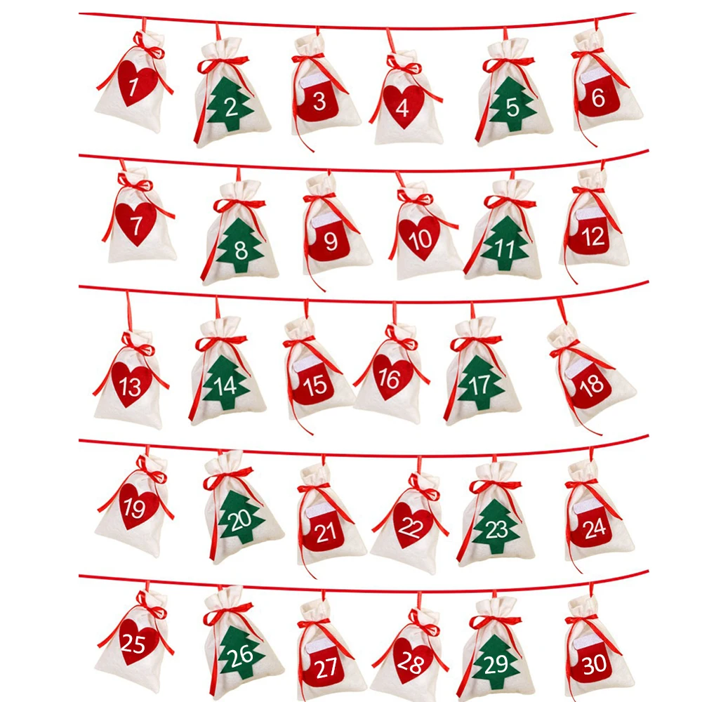 1-30pcs Bags 1-31 шт. рождественские пакеты для конфет с обратным отсчетом и календарем, Висячие подарочные пакеты на год 11x16 см, украшения для рождественской вечеринки - Цвет: 1-30pcs Bags