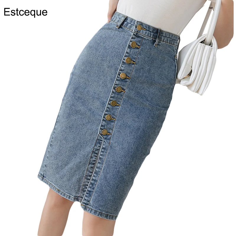 

Denim Skirt Women 2020 Spring Summer New Single-Breasted High Waist Pencil Skirt Woman Wrap Stretch Split Skirt