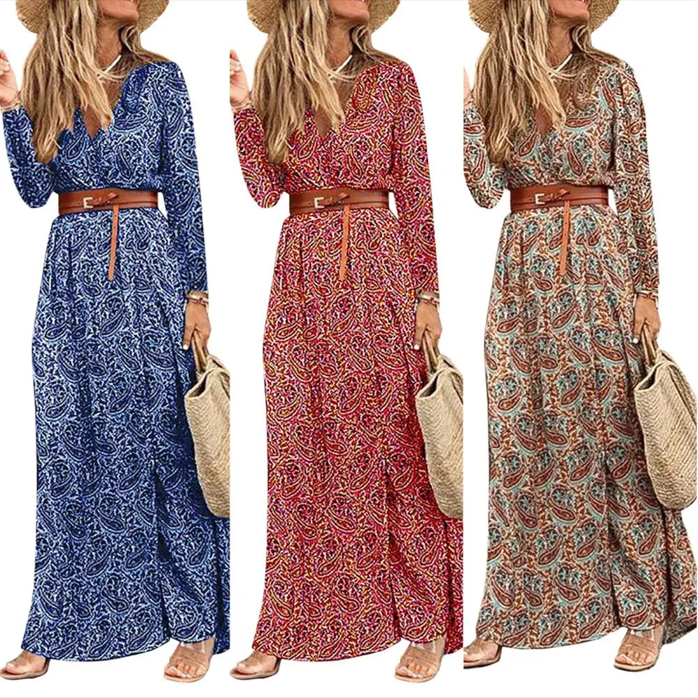

Women's Fashion Maxi Dress Floral Midi No Sleeve Deep V Neck Loose High Waist Summer Girl Retro Beach