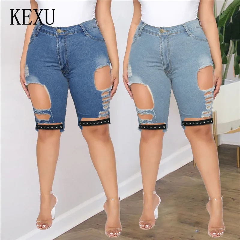 

KEXU Sexy S-5XL Skinny Rivet Knee Length Denim Shorts Hollow Out Hole Women Summer Streetwear Pockets High Waist Jean Shorts