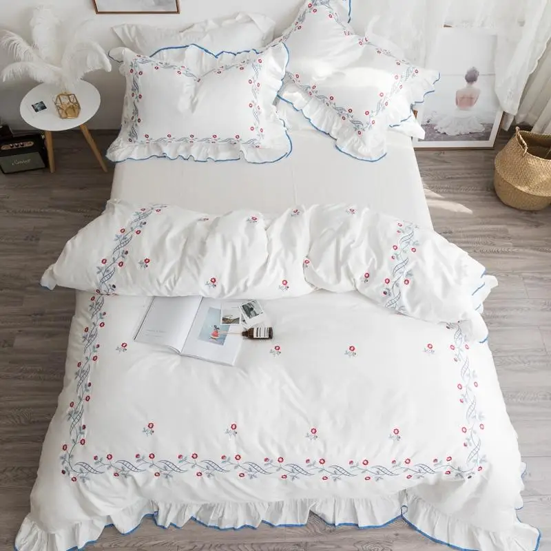 

42 White Color Luxury Wedding ruffles Bedding set Queen King size Cotton Bed sheet set Embroidery Duvet cover Pillowcase