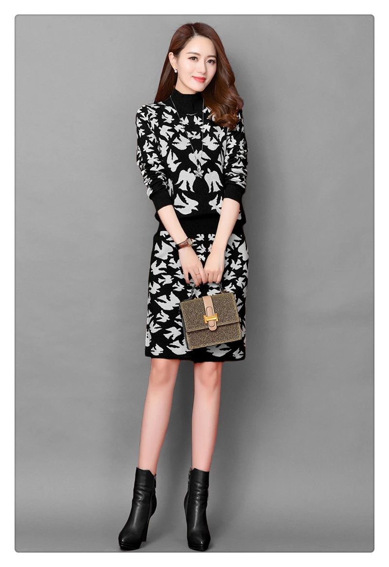

Women Printed Knit Skirt Suits 2019 Newest Womens Runway Turtleneck Long Sleeve Pullover Sweater Tops and Package Hip Skirt Sets