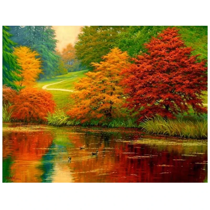 

Осеннее озеро Алмазная мозаика 5D полный квадрат круглый DIY алмазная живопись вышивка крестиком красный Бриллиантовая вышивка с изображени...