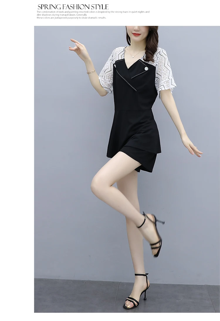 

L-5XL Plus Size 2021 New Summer Womens Suits Lace Patchwork Blazer Tops And Short Korean Elegant Office Lady Formal 2 Pieces Set