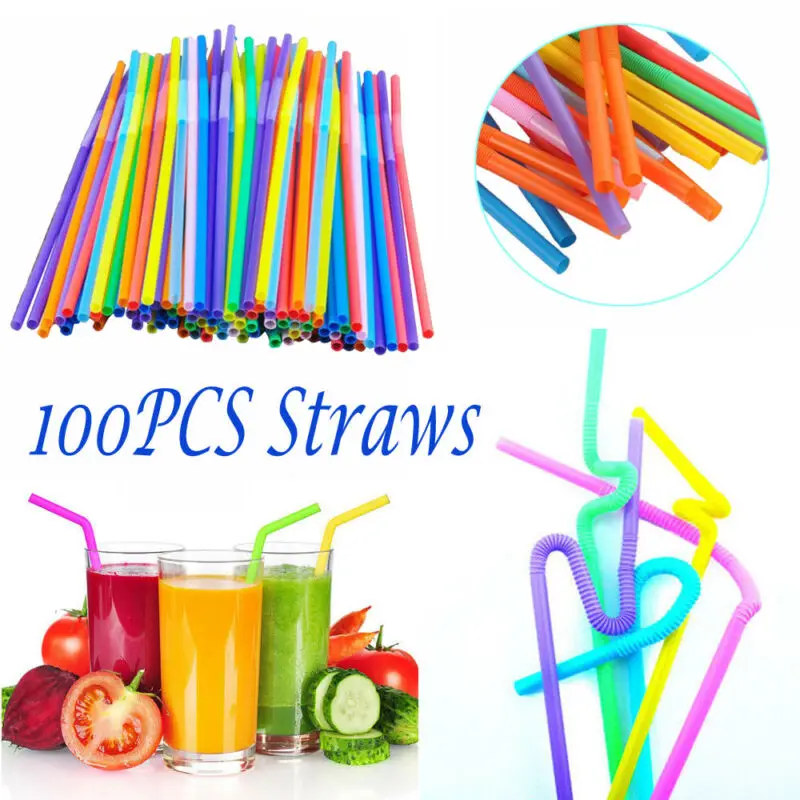 

100Pcs Extra Long Flexible Multi-color Rainbow Plastic Drinking Straws Party Bar Drinking Supplies