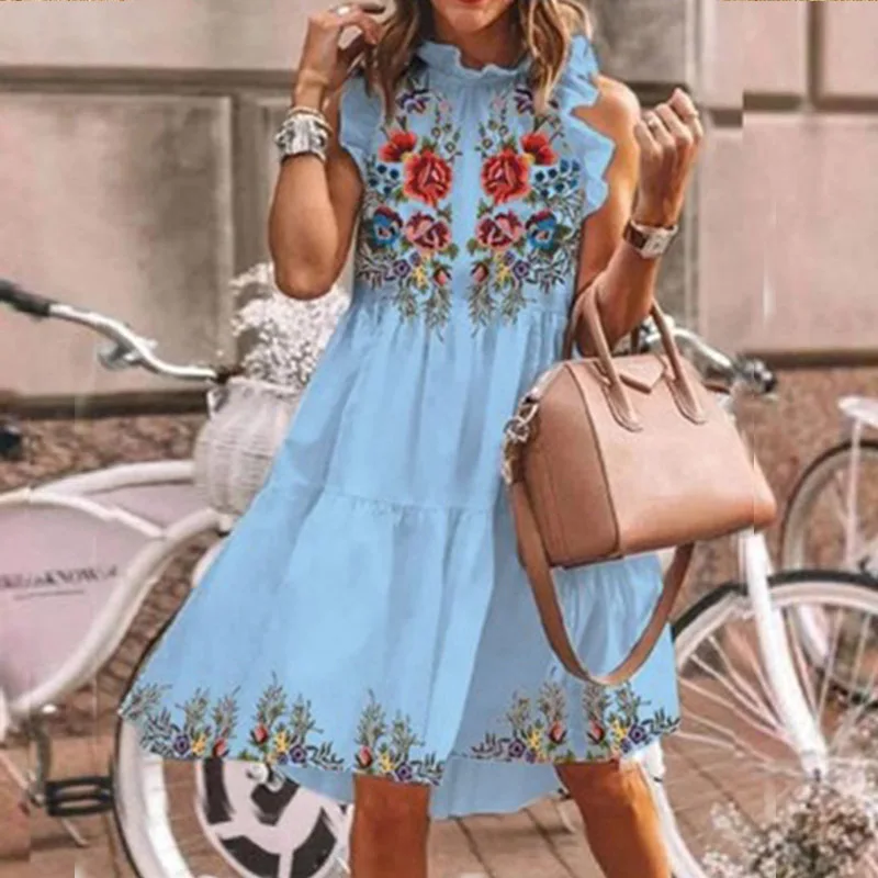 

Vintage Women Sleeveless Ruffles Cupcake Dress Summer O Neck Floral Printed Mini Dresses Ladies Loose Dresses Beachwear