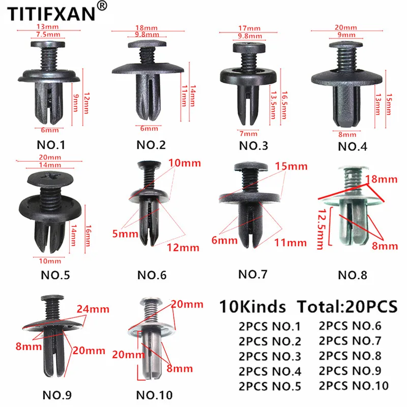 20 шт. смешанные Универсальные пластиковые крепежные заклепки с отверстиями 5 мм 6