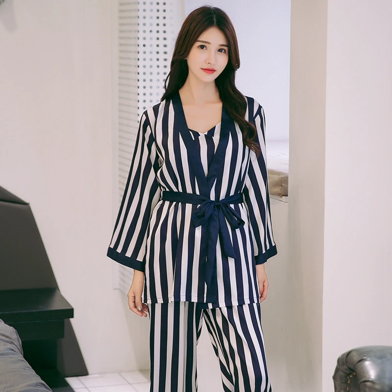 Женский пижамный комплект в полоску 3 шт. Весенняя женская одежда для сна синяя