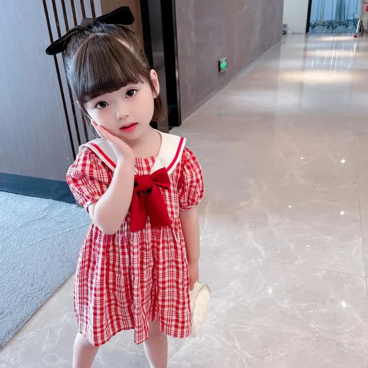 

Summer 2021 New Fashionbaby girls Bow short sleeve dress casual kids little Girls princess Plaid Preppy Style dresses
