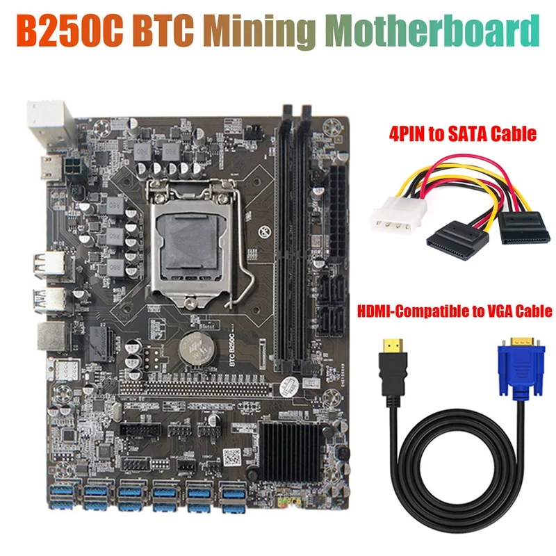 

B250C Mining Motherboard with HD to VGA Cable+ 4PIN to SATA Cable 12 PCIE to USB3.0 GPU Slot LGA1151 Support DDR4 RAM