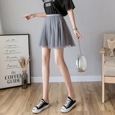 grey skirt Новинка, винтажная плиссированная мини-юбка, Женская Корейская фатиновая сетчатая юбка с высокой талией, Розовая белая трапециевидная короткая юбка, весна-лето Falda - Цвет: grey skirt