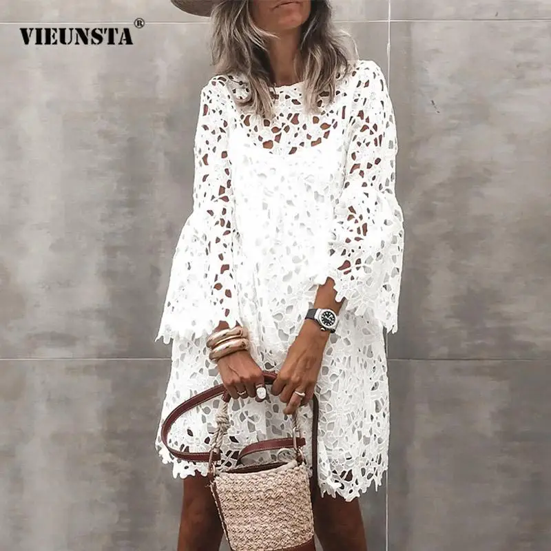 

Women Elegant Solid Crochet Lace Party Dress Office Lady Fashion Flare Sleeve Dresses Sexy Hollow Out O Neck Mini Dress Vestidos