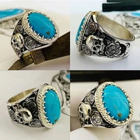 vintage oval quartz lapis rings for women men antique silver plated blue zircon natural stone skull rings fashion party jewelry