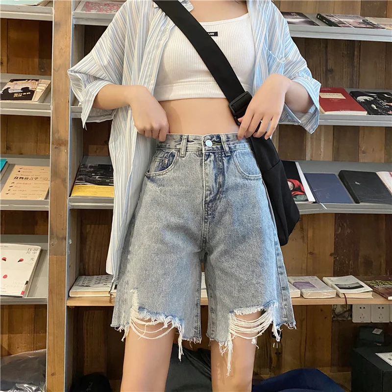 Women's Summer Jeans High Waist Slim Denim Shorts Pants Loose Hole Straight Five Point Korean Style Casual Wide Leg Shorts