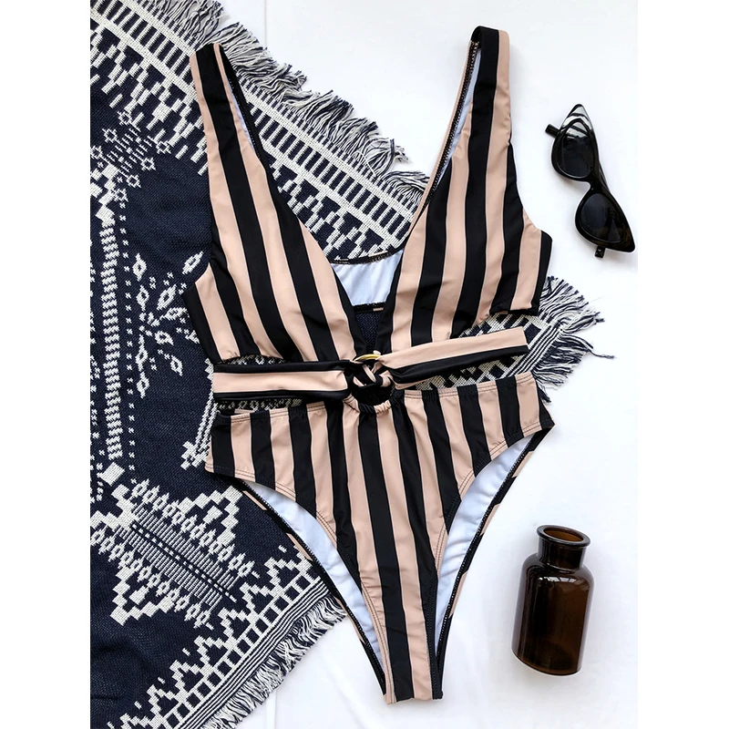 Монокини в полоску In-X бандажный слитный купальник женский с кольцами женское