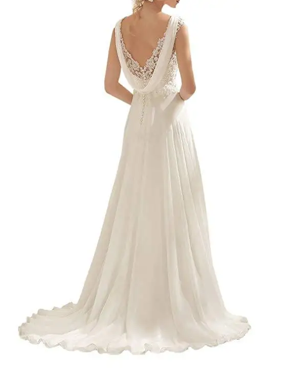 

Beach Wedding Dresses White/Lvory Chiffon Lace Appliques Bridal Gown Backless Vestido De Noiva