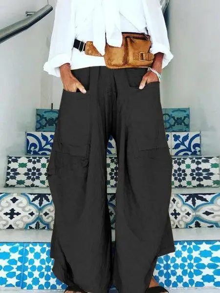 

Large Pockets Irregular Wide Leg Pants Khaki Gray Black Blue Burgundy Trouser