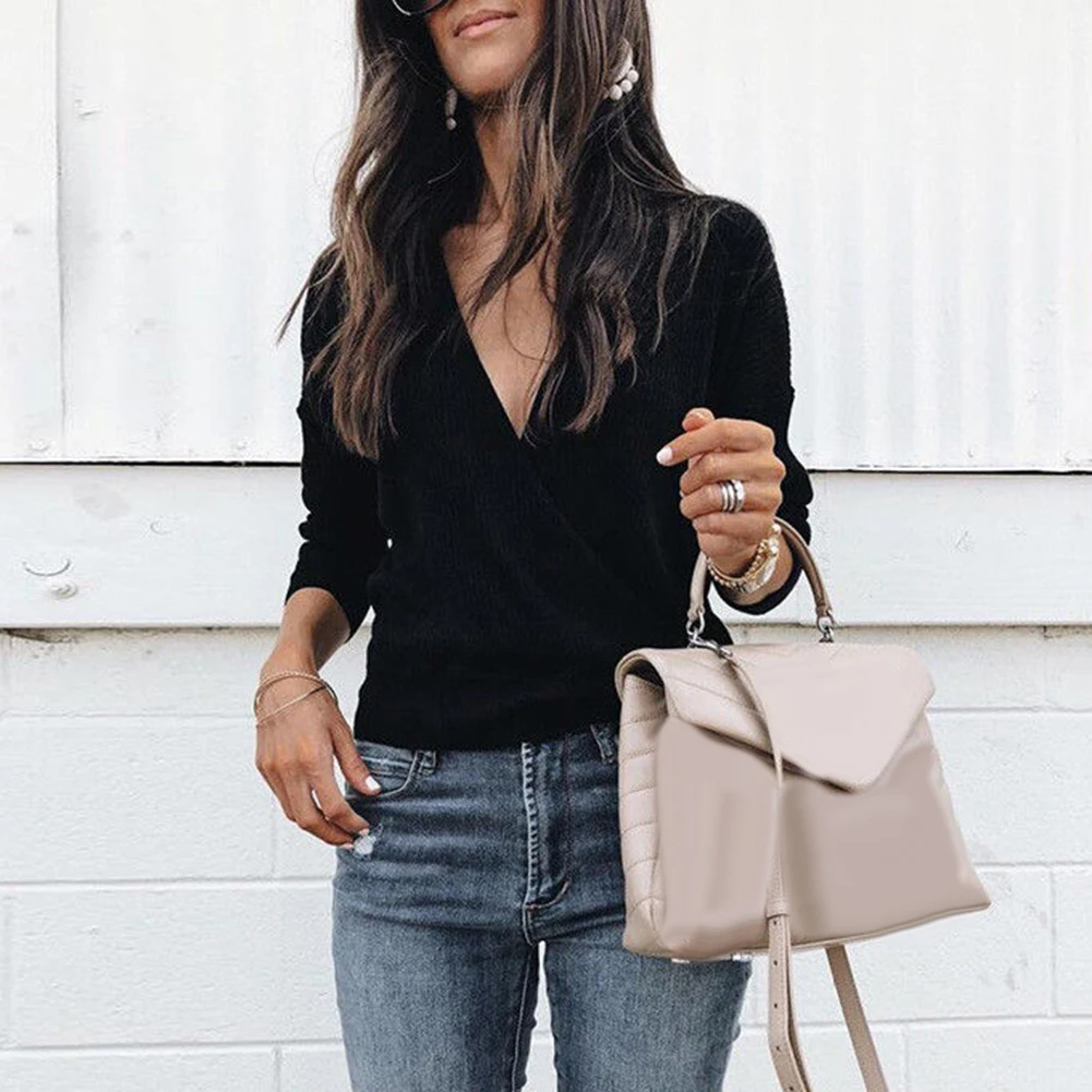 Женский вязаный свитер с длинным рукавом Однотонный глубоким V-образным вырезом