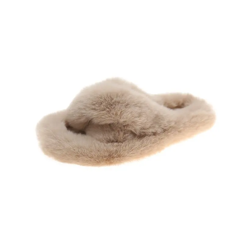 

Fluffy Slippers Women's 2020 Winter New Cross Thick Bottom Imitation Rabbit Fur Flat Casual Outdoor Open Toe Slippers