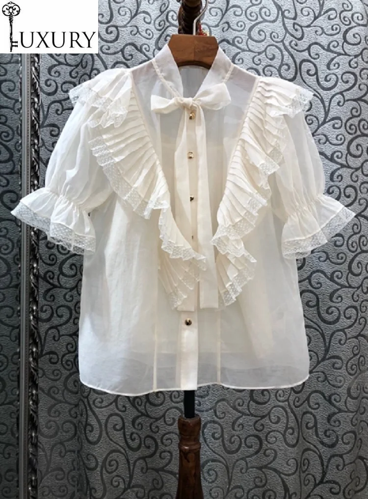 Grade Designer Blouses Top 2020 Summer Women Bow Collar Ruffle Lace Patchwork Golden Button Apricot Pink Cotton Silk Shirt