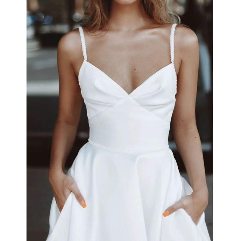 

Mandylandy Dress Women's Casual V-neck Backless High Waist Spaghetti Strap Dress Summer Sexy Solid Color Slim Fit Pleated Dress