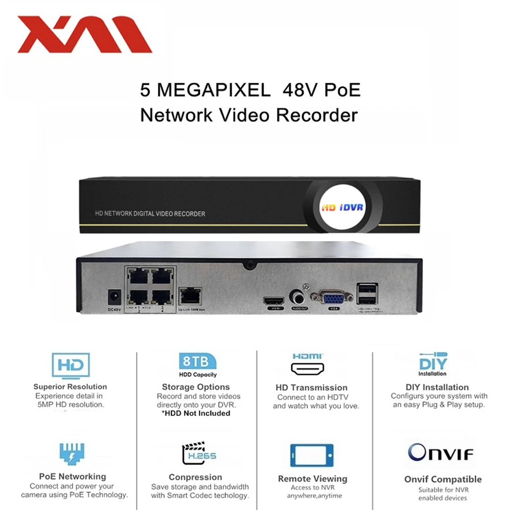 4 канальная система камер домашней безопасности XM PoE NVR видеорегистратор с