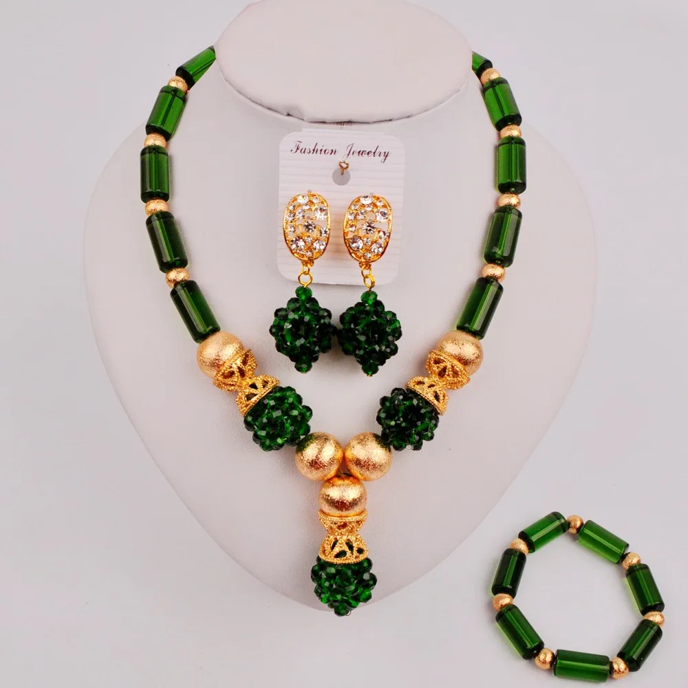 

Beautiful Dark Green Crystal Beaded Nigerian Jewelry Wedding Beads African Necklace Set ZQ5-03
