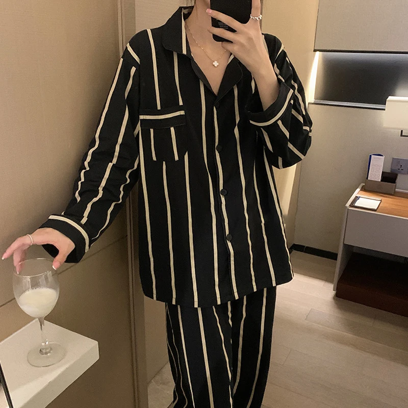 CAIYIER Womens Pajamas Winter Long Sleeve Stripe Nightwear Suit Turn-down Collar Girl Two Piece Set Loungewear Trousers Pyjamas
