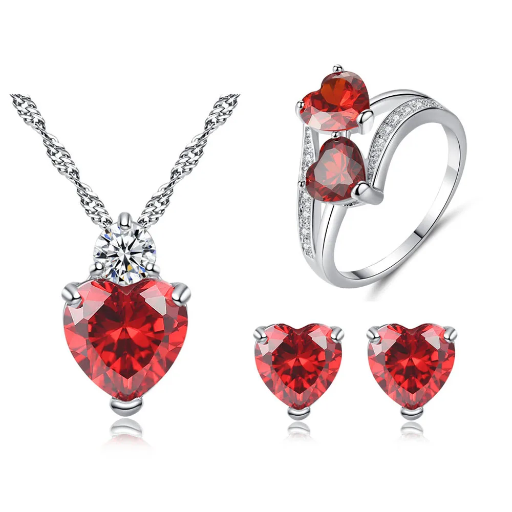 

Classic Pendant Necklace + Earrings +Ring Women Party Jewelry Set Fashion Heart Red Zircon Bride wedding Jewelry Set