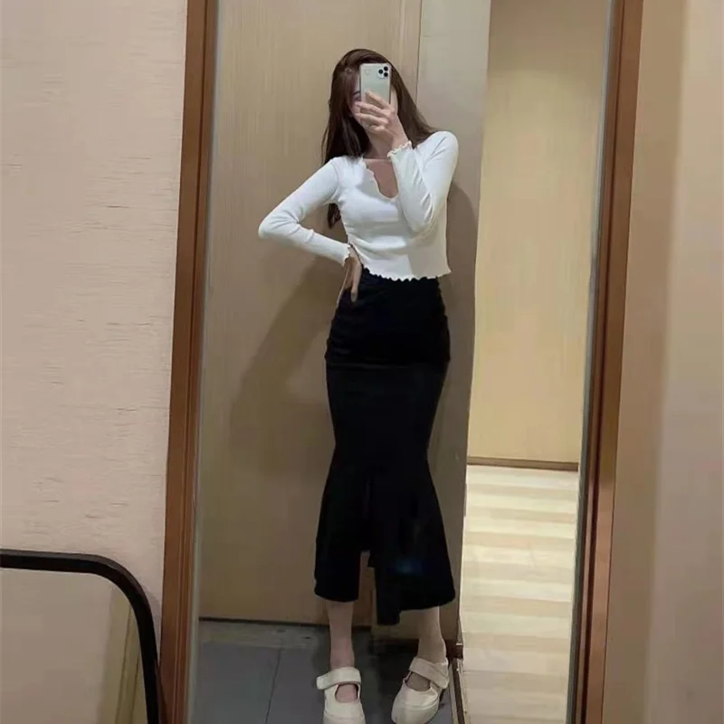 Юбка-Русалка Женская однотонная с высокой талией винтажная разрезом на осень