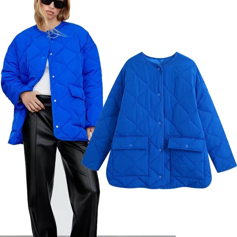 

Za 2021 Blue Oversize Winter Jacket Woman Long Sleeve Loose Warm Thick Padded Parkas Coat Women's Chic Vintage Quilted Jackets