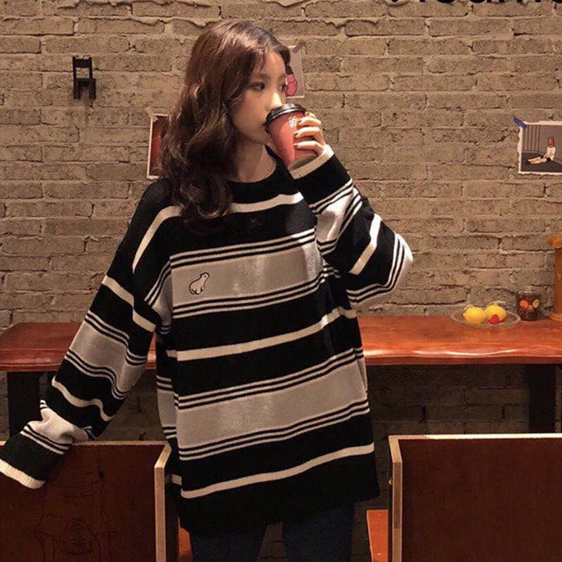 Женский полосатый свитер Ulzzang винтажный свободный с облаками в стиле Харадзюку