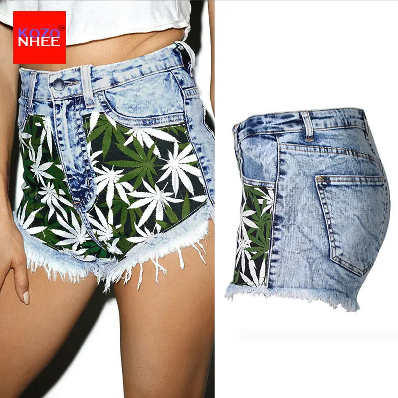Летние эластичные джинсовые шорты с объемными листьями и высокой талией женские