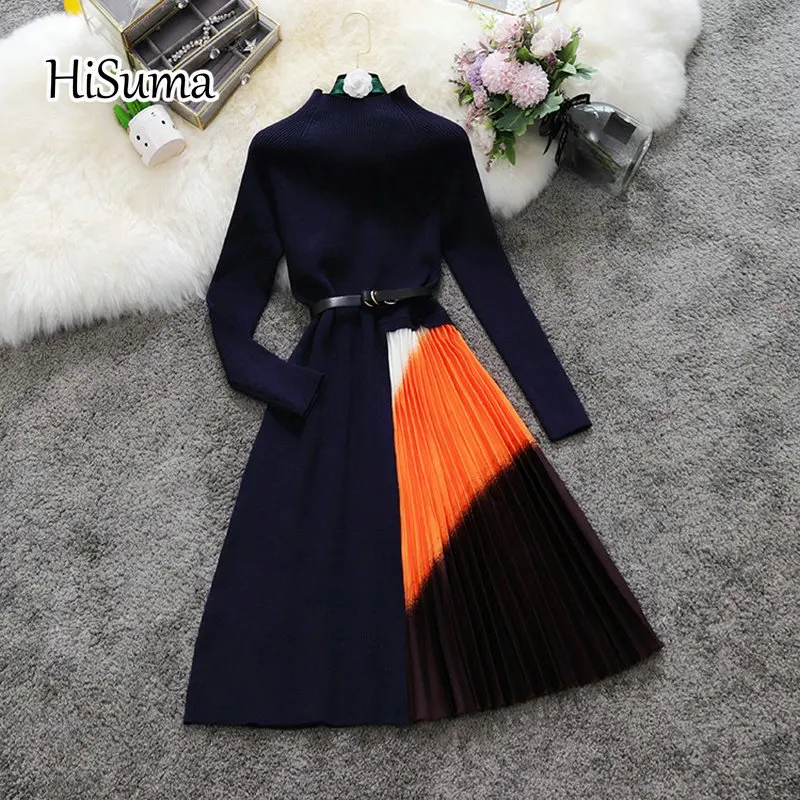 Осенне-зимнее Новое Женское трикотажное шифоновое плиссированное платье HISUMA с