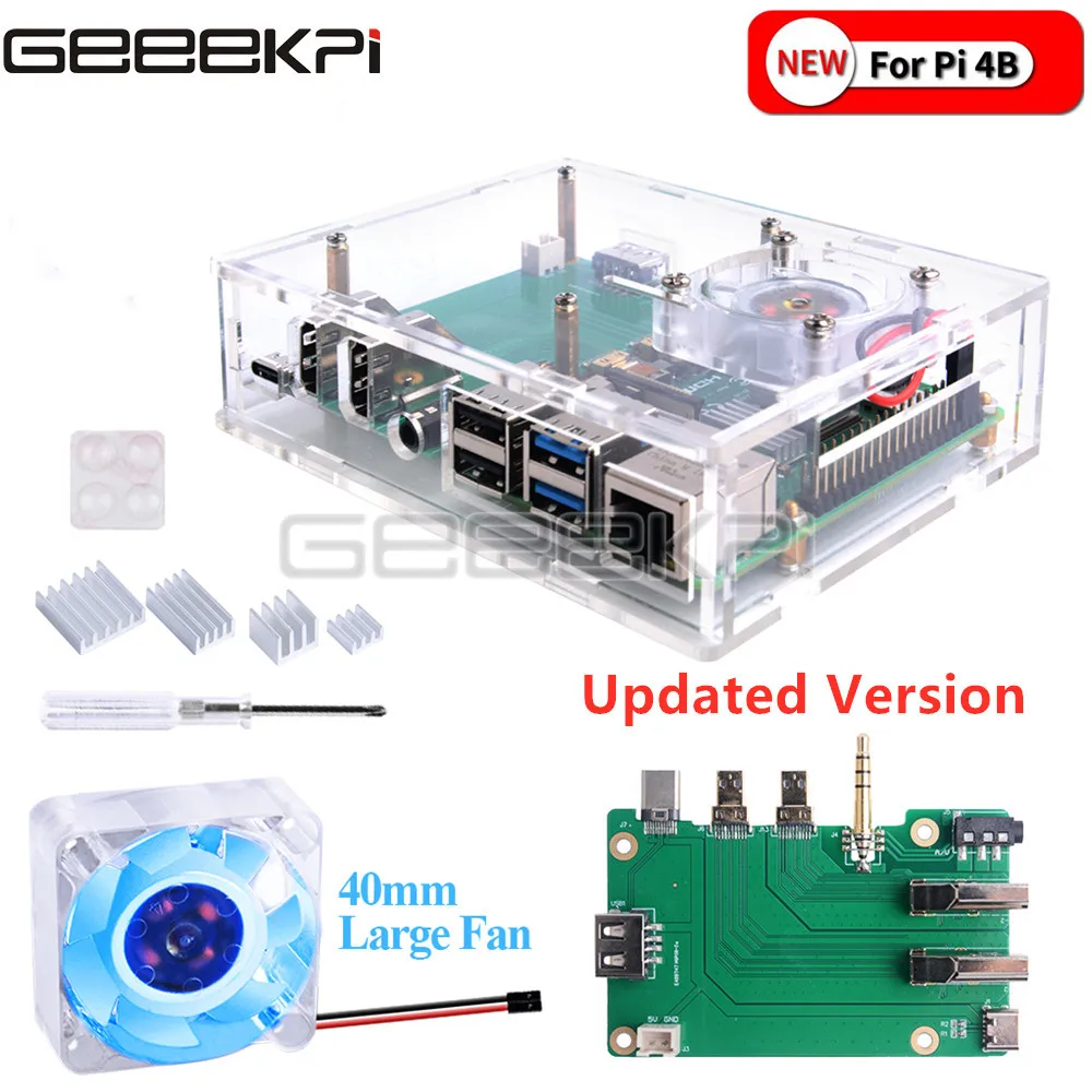 Conjunto de Framboesa Ventilador de Luz Azul e Todo o Dissipador de Calor de Alumínio para Raspberry Superior com 4010 Geeekpi Novo Acrílico-kit Caixa Led 4b pi