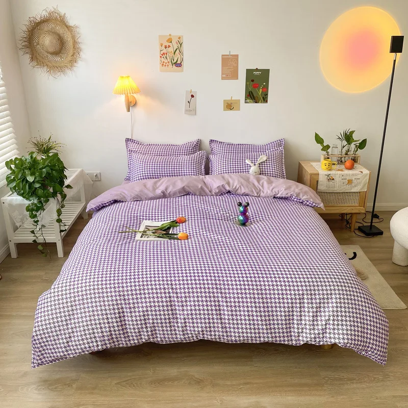 

Home Light Cute Green Plaid Print Pattern Polyester Pillow Case Bed Sheet Breathable Comfortable Single Double Bedding Set