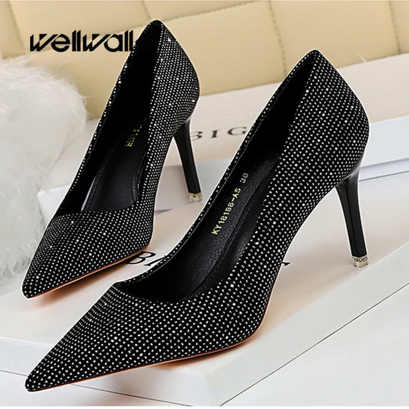 Сверкающие женские туфли лодочки на высоком каблуке с острым носком Свадебная