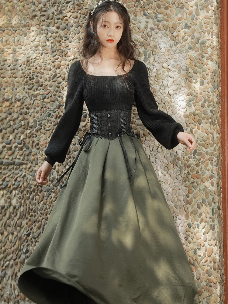 

Winter Women 2 Piece Set Modern Vintage Outfits Slim Lady Royal Lantern Sleeve Black Sweater & Army Green Lace Patchwork Skirt